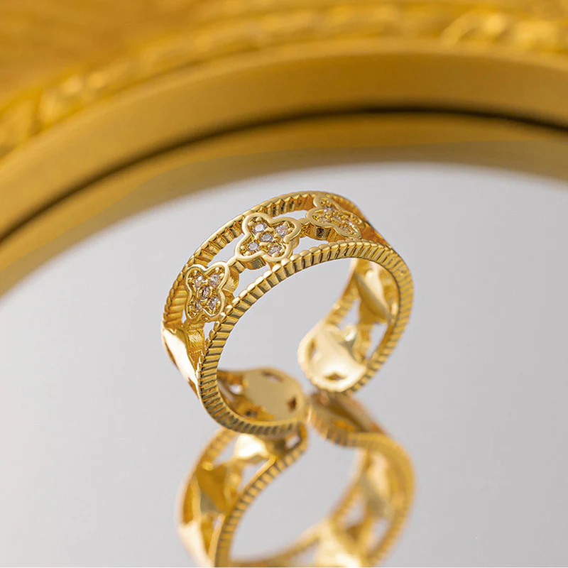 Gold Plated Anti Tarnish Stainless Steel Clover Themed Adjustable Finger Ring