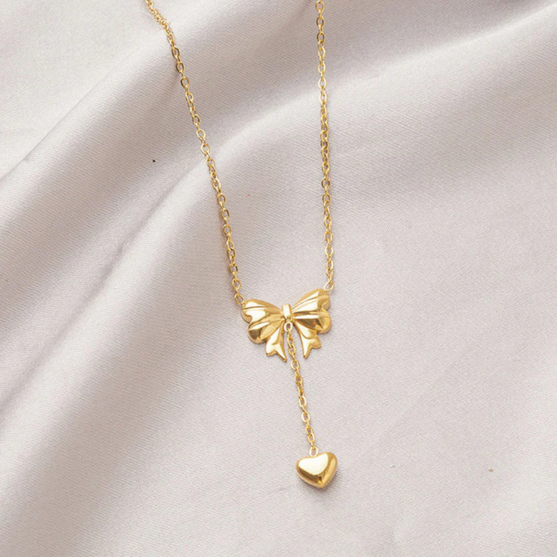 Gold-Plated Stainless Steel Heart Bow Pendant
