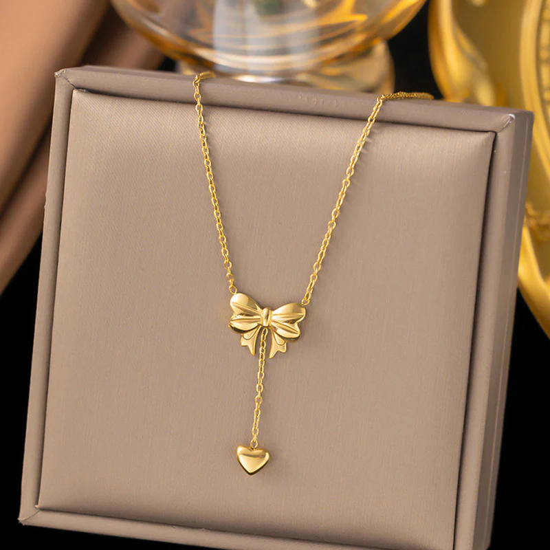 Gold-Plated Stainless Steel Heart Bow Pendant