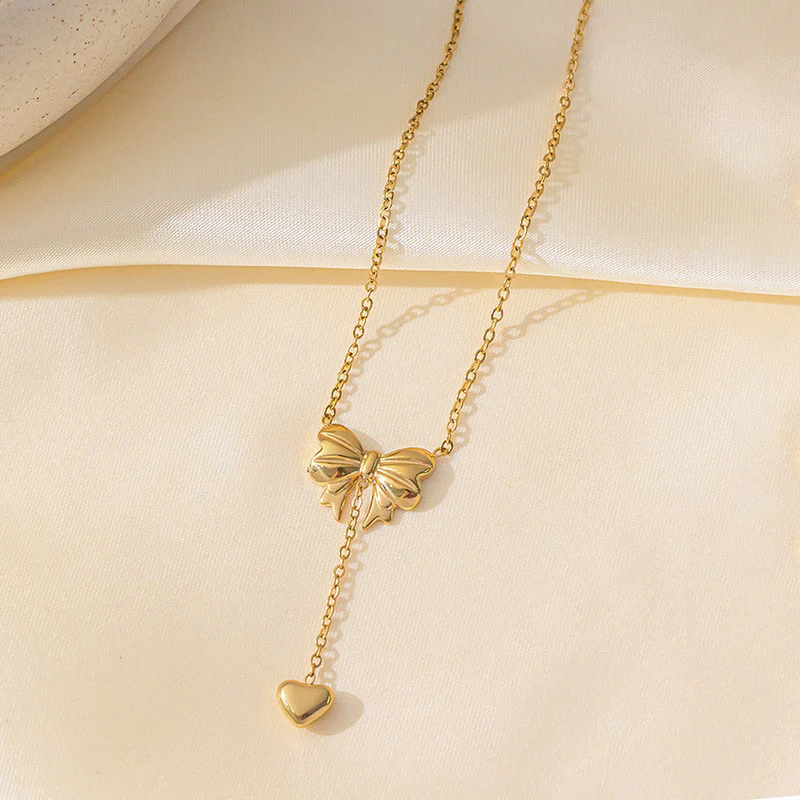 Gold-Plated Stainless Steel Heart Bow Pendant