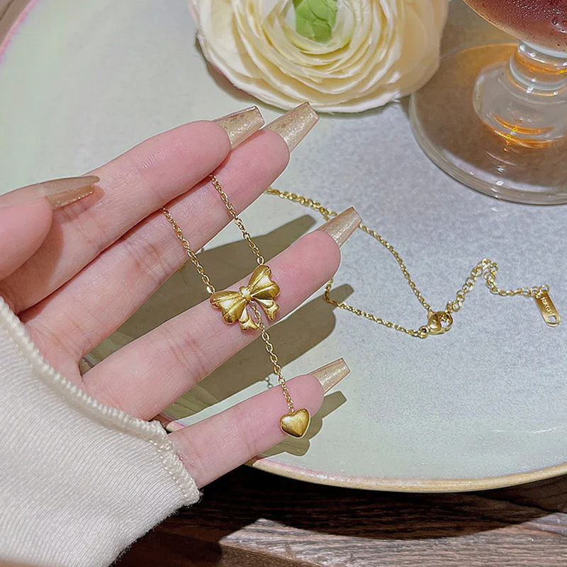 Gold-Plated Stainless Steel Heart Bow Pendant