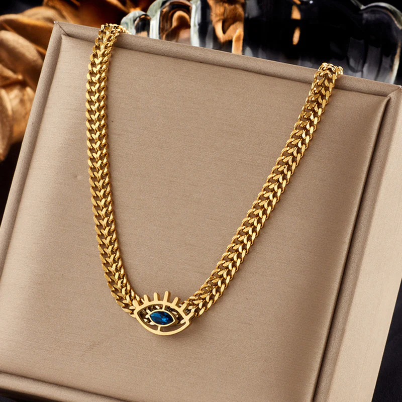 Stainless Steel Anti-Tarnish Evil Eye Necklace with Blue CZ
