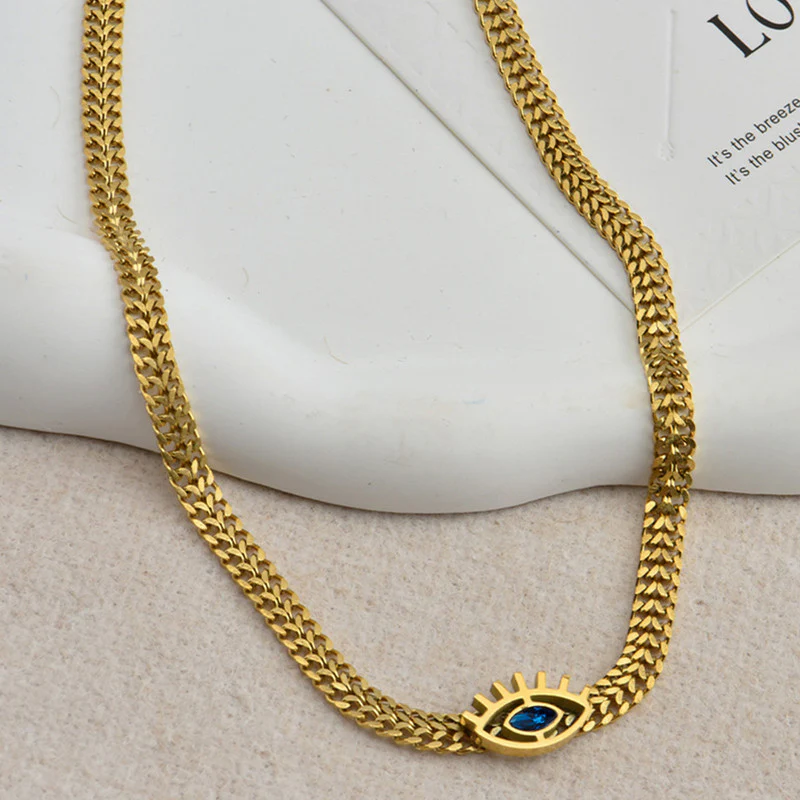 Stainless Steel Anti-Tarnish Evil Eye Necklace with Blue CZ