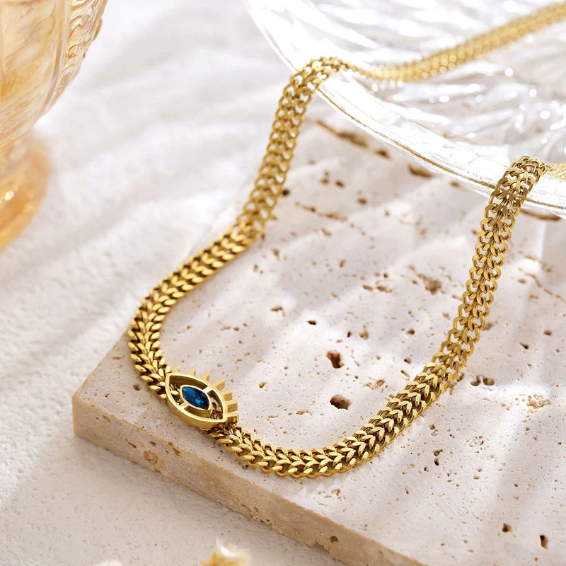 Stainless Steel Anti-Tarnish Evil Eye Necklace with Blue CZ