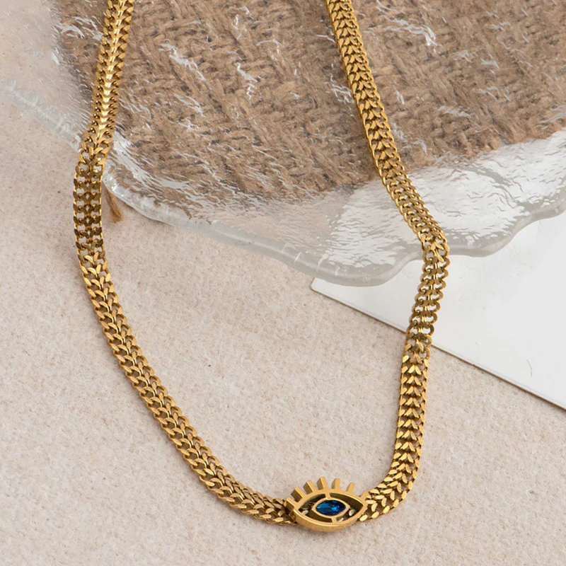 Stainless Steel Anti-Tarnish Evil Eye Necklace with Blue CZ