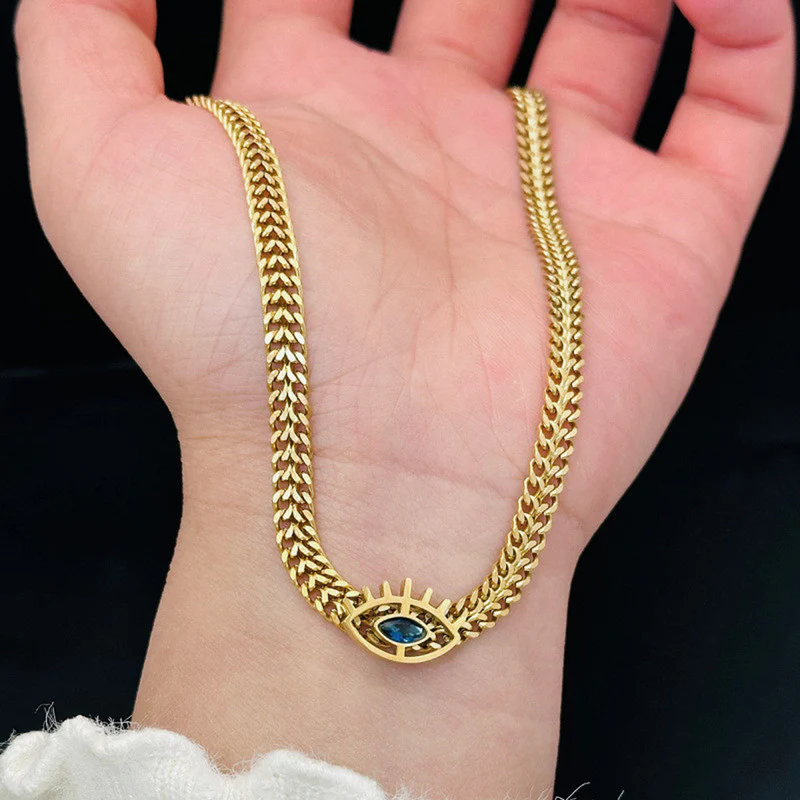 Stainless Steel Anti-Tarnish Evil Eye Necklace with Blue CZ