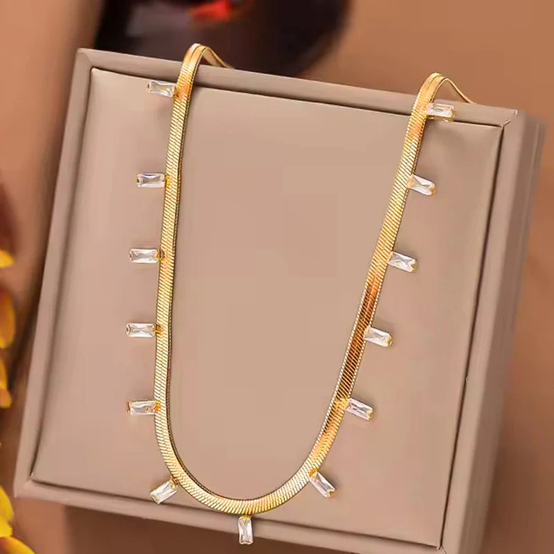Stainless Steel Snake Chain Necklace with Stone