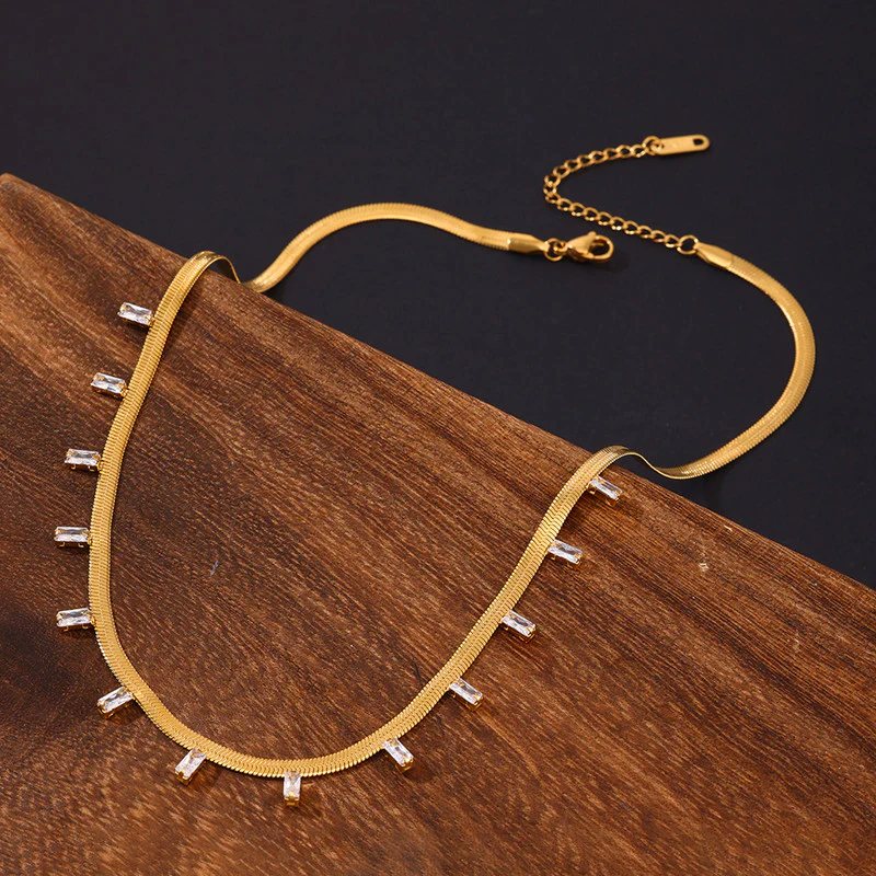Stainless Steel Snake Chain Necklace with Stone