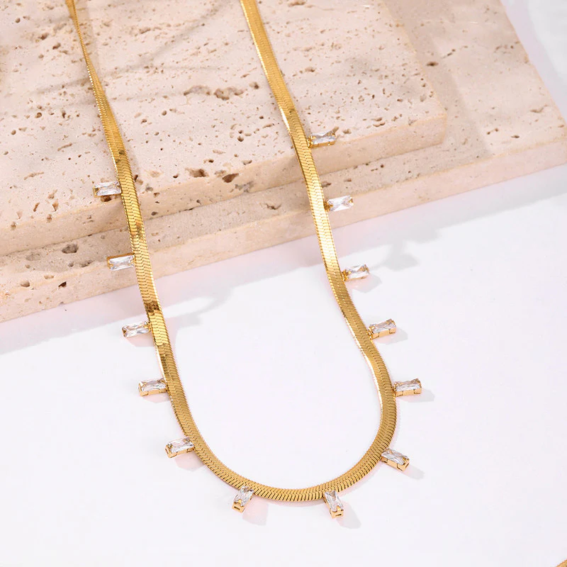 Stainless Steel Snake Chain Necklace with Stone