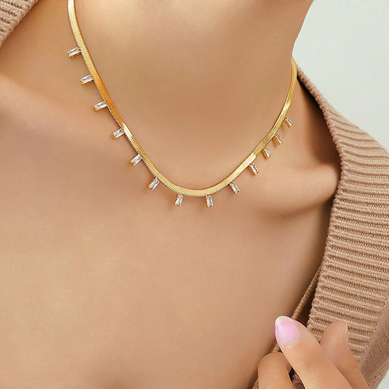 Stainless Steel Snake Chain Necklace with Stone