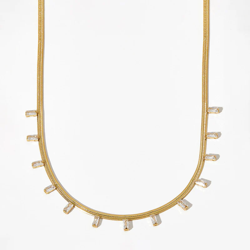 Stainless Steel Snake Chain Necklace with Stone
