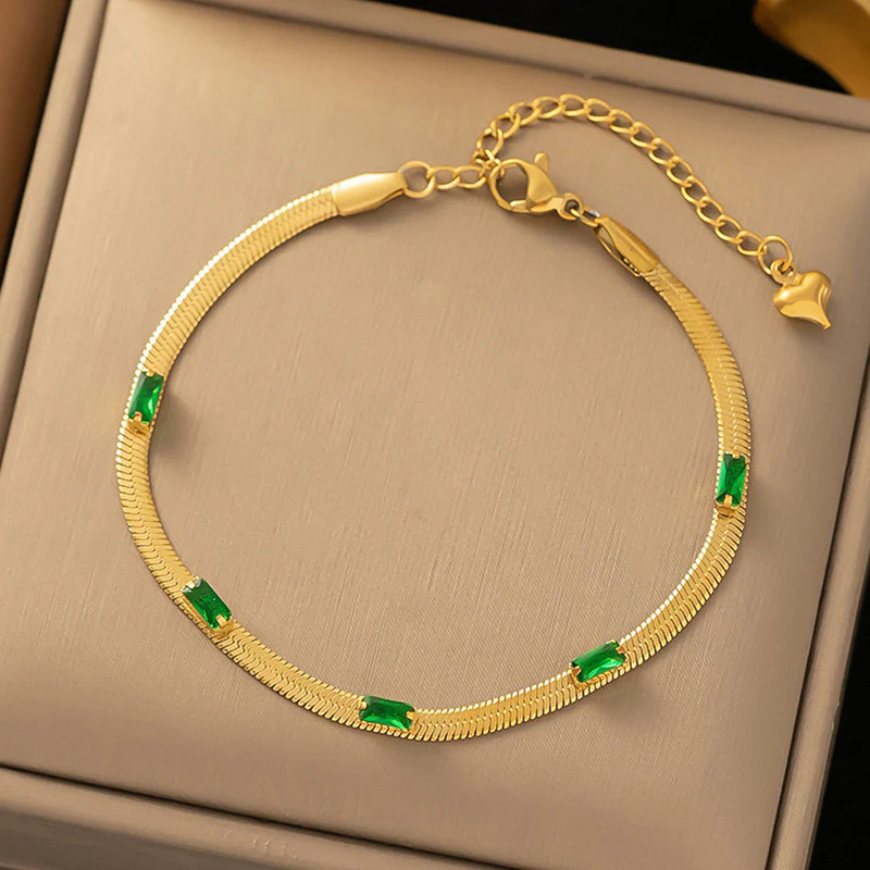 Gold Plated Stainless Steel Anti Tarnish Snake Chain Green Emerald Studded Wraparound Bracelet