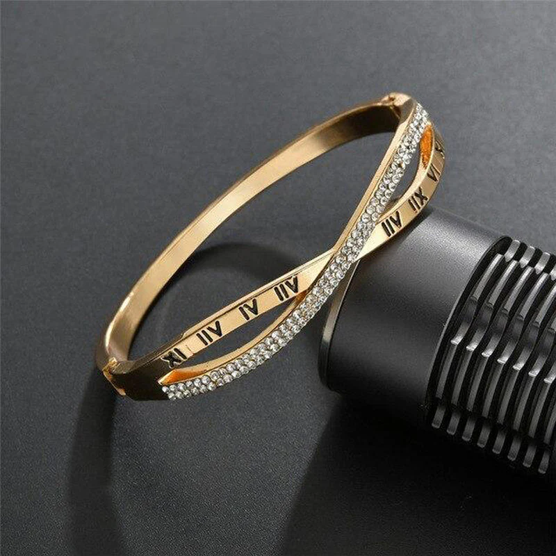 Gold Plated Roman Numbers engraved Stone Studded Korean Bracelet For Women and Girls