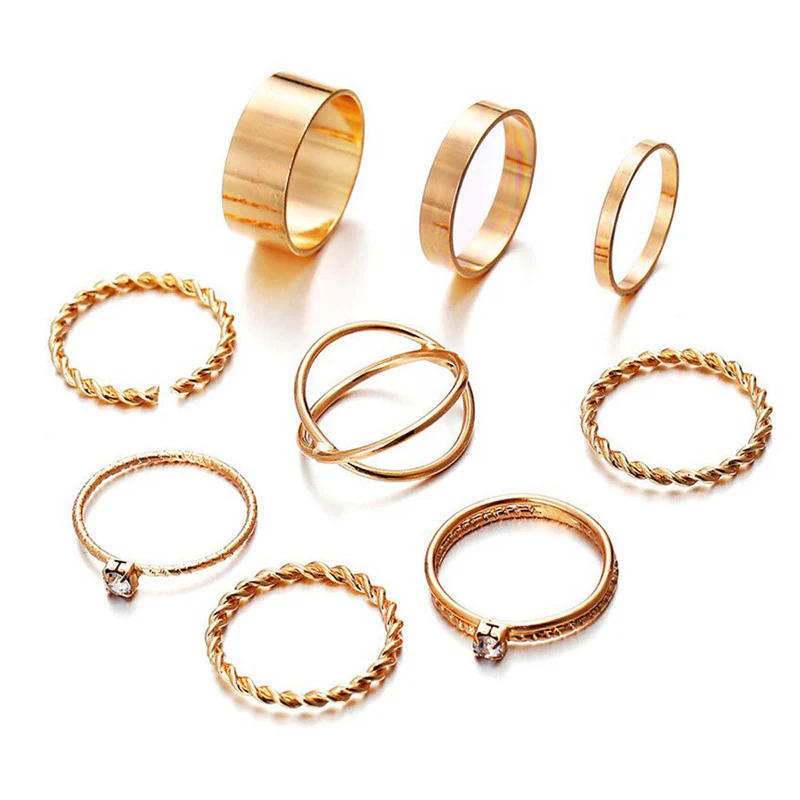 Exclusive Limited Edition Ad Gold Plated Elegant Rings Set of 9 Mixed Sizes For Women
