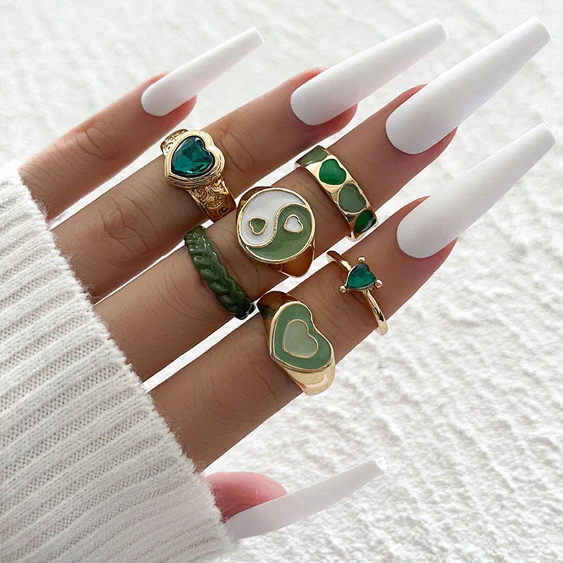 Gold Plated Green Stackable Rings Set of 6 For Women