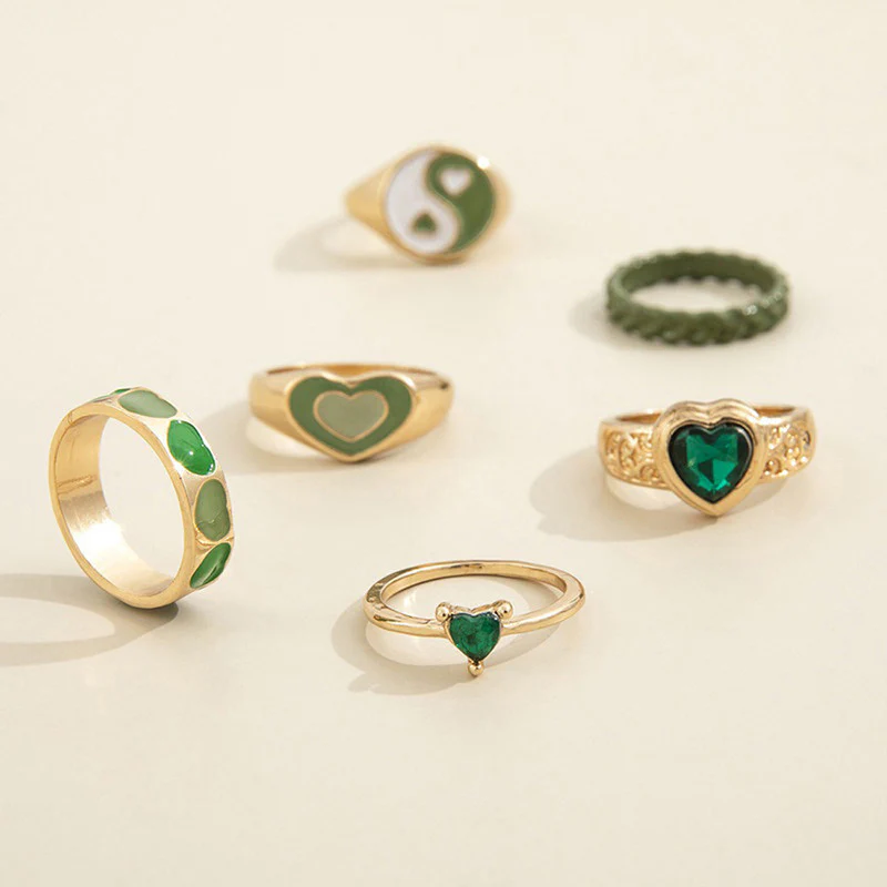 Gold Plated Green Stackable Rings Set of 6 For Women