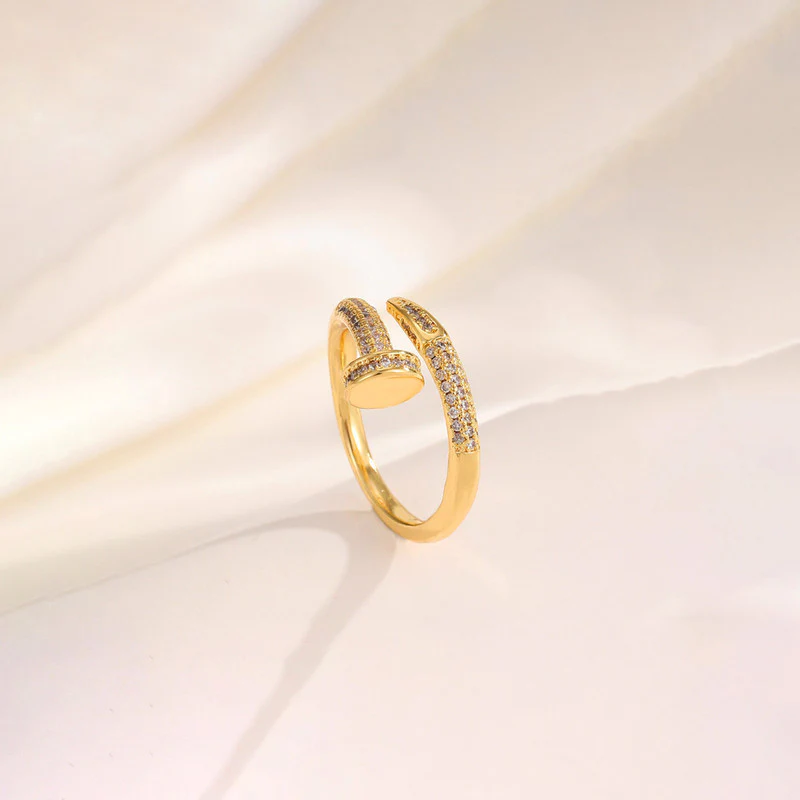 Gold Plated Anti Tarnish Stainless Steel Nail Shaped AD Studded Adjustable Finger Ring