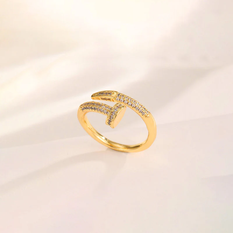Gold Plated Anti Tarnish Stainless Steel Nail Shaped AD Studded Adjustable Finger Ring