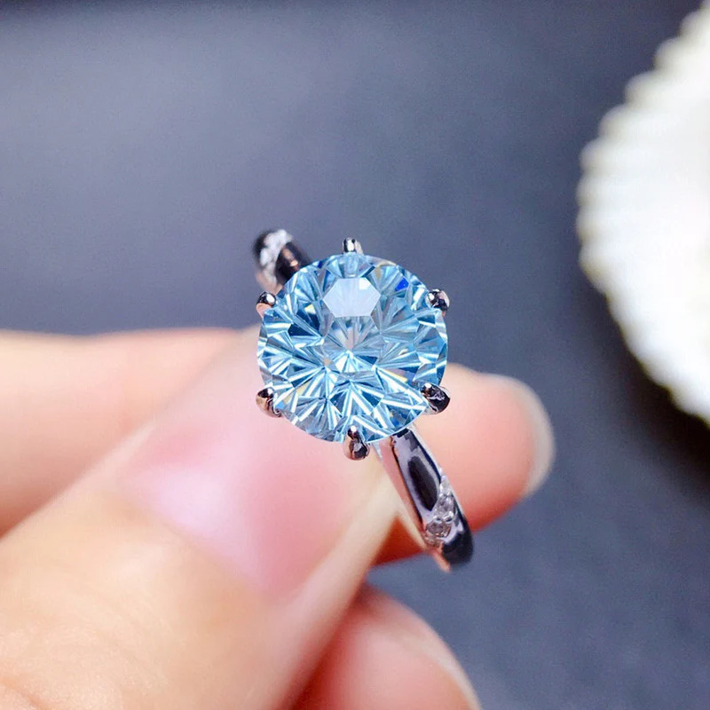 Silver Plated Anti Tarnish American Diamond Crushed Ice Cut Blue Circular Contemporary Finger Ring