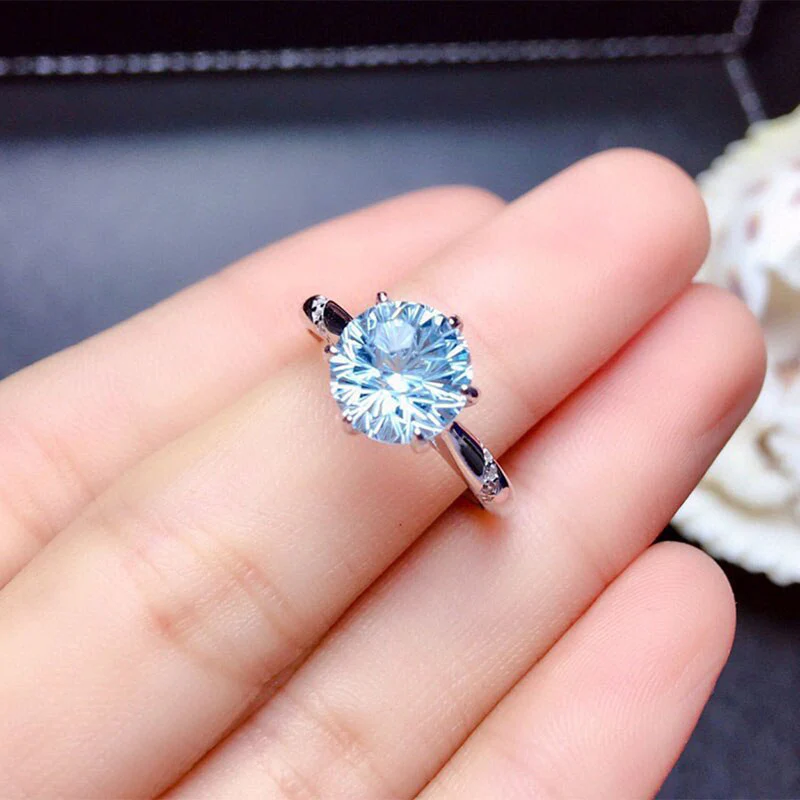 Silver Plated Anti Tarnish American Diamond Crushed Ice Cut Blue Circular Contemporary Finger Ring