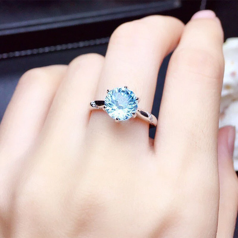 Silver Plated Anti Tarnish American Diamond Crushed Ice Cut Blue Circular Contemporary Finger Ring