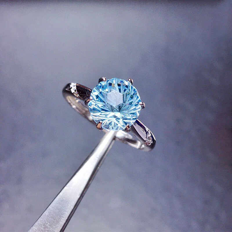 Silver Plated Anti Tarnish American Diamond Crushed Ice Cut Blue Circular Contemporary Finger Ring