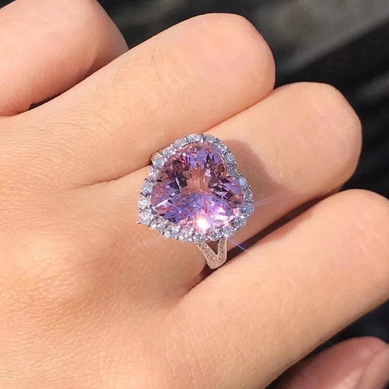 Silver Plated Anti Tarnish American Diamond Crushed Ice Cut Pink Heart Shape Finger Ring
