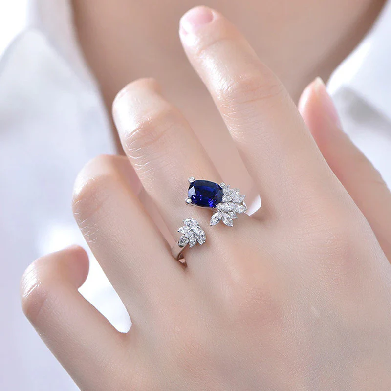 Silver Plated Anti Tarnish American Diamond Crushed Ice Cut Navy Blue Contemporary Finger Ring