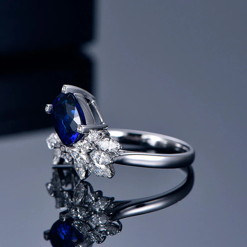 Silver Plated Anti Tarnish American Diamond Crushed Ice Cut Navy Blue Contemporary Finger Ring