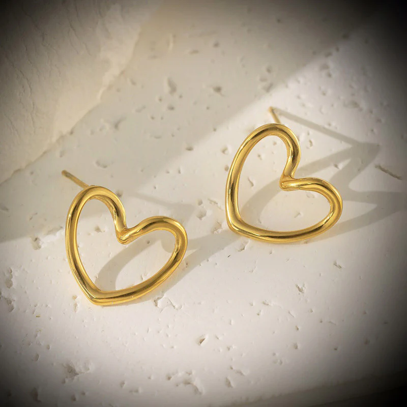 Gold Plated Anti Tarnish Stainless Steel Heart Themed Stud Earrings