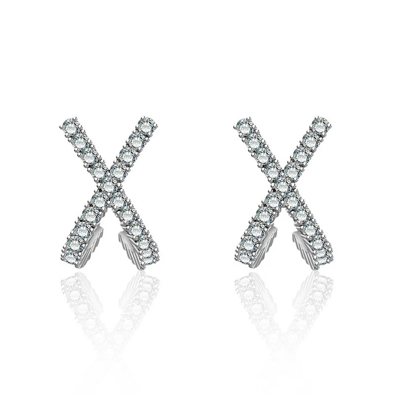 Silver Plated American Diamond Studded Cross Shape Korean Stud Earrings