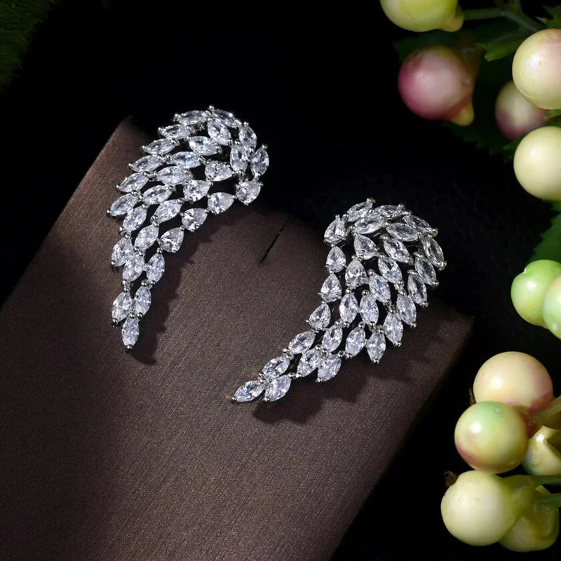 Silver Plated Anti Tarnish American Diamond Studded Wing Shape Contemporary Drop Earrings